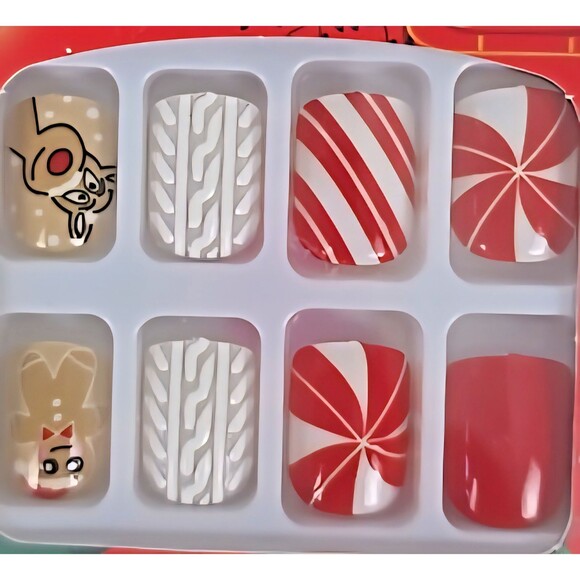 Unbranded Other - 24 Piece Press On Nails Christmas Candy Cane Gingerbread Man Reindeer